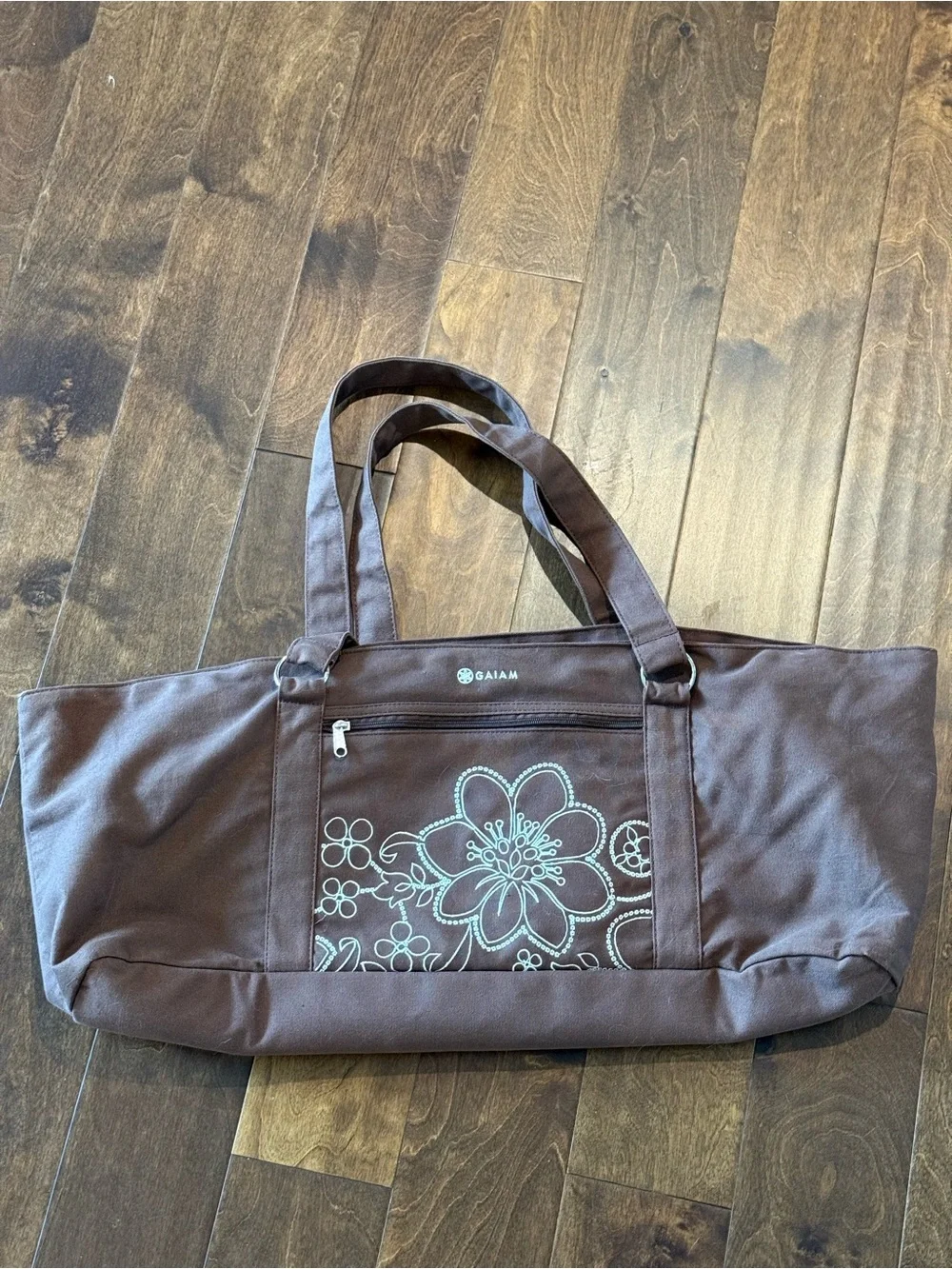 Gaiam Brown Canvas Yoga Tote, Embroidered Floral Detail